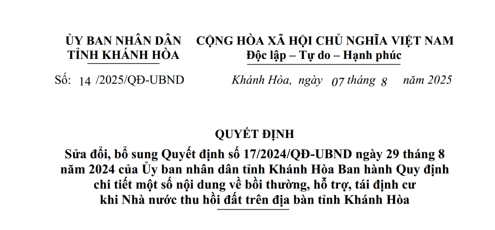 Cập nhật quyết định 14/2025/QĐ-UBND: Điểm mới về bồi thường & tái định cư tại Khánh Hòa 2025
